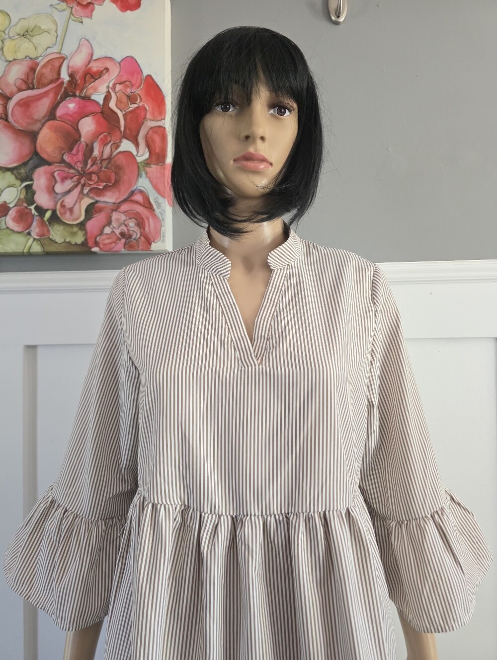 FIMARSTED Prairie-Style Tiered Dress – Beige & White Fine Stripes , Size L - Picture 5 of 13
